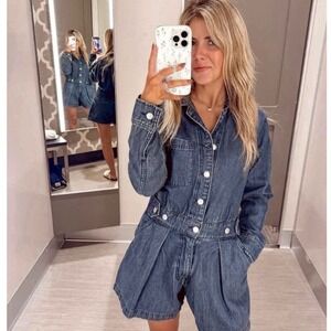 Universal Thread Denim Romper Women 14 Blue NEW Utility Long Sleeve Button Front